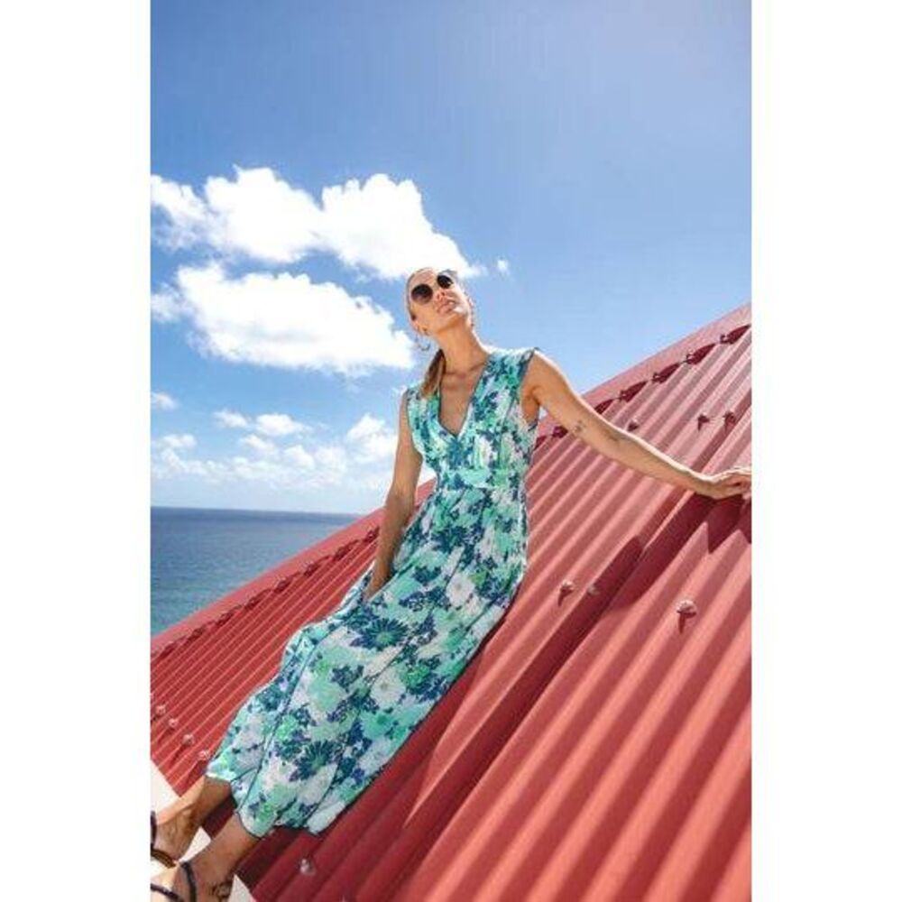 POUPETTE ST BARTH Long Dress Agnes V, Aqua Flower Mix M